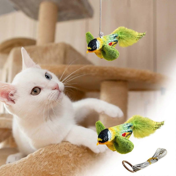 Jouet Interactif pour Chat d’Intérieur – Oiseau en Peluche avec Sons Réalistes et Herbe-aux-Chats